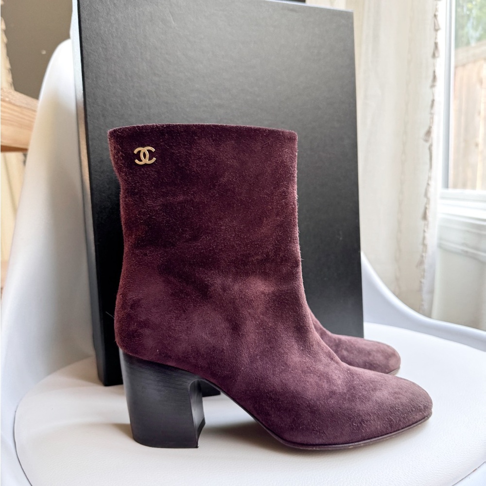Chanel Burgundy Suede Ankle Boots with Gold CC
